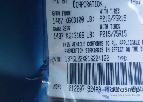 2001 Dodge Dakota Slt/Sport из США, поврежденный, VIN 1B7GL22X81S224120